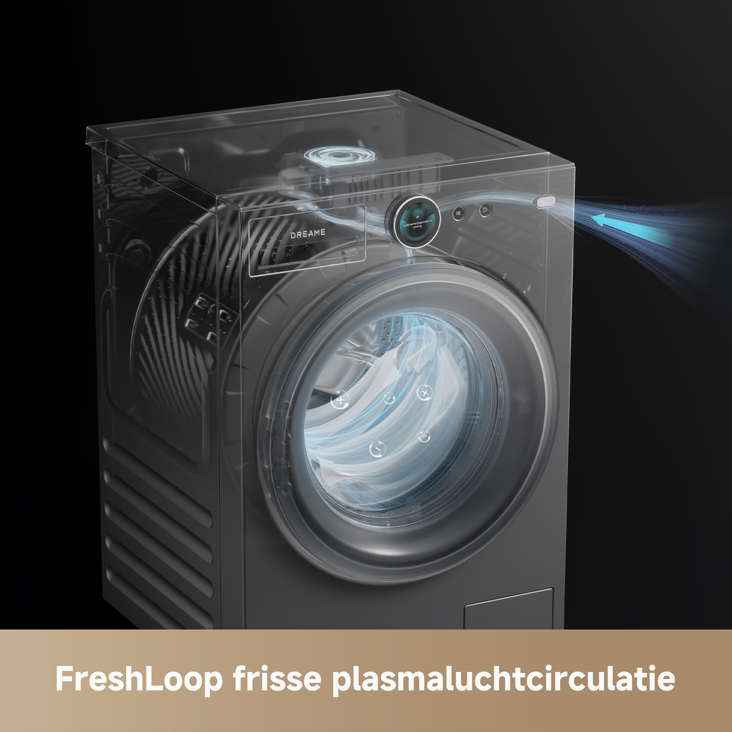 Een transparante droger met blauwe luchtcirculatie en DREAME-logo.