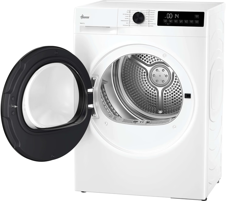 Weiße Hoover-Trockner-Tür offen, Trommel sichtbar, Bedienfeld oben mit Display.