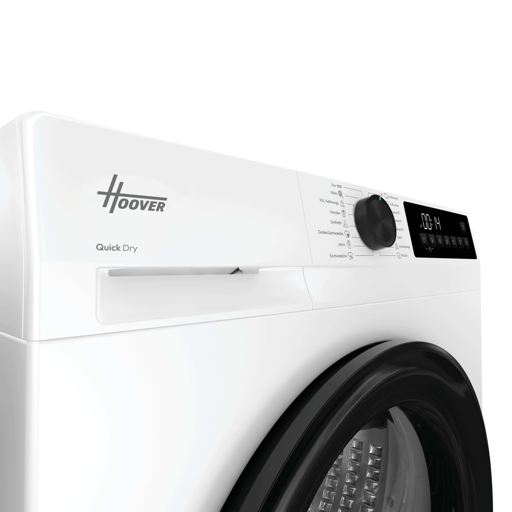 Weiße Hoover Waschmaschine mit schwarzem Bedienfeld und digitaler Anzeige.