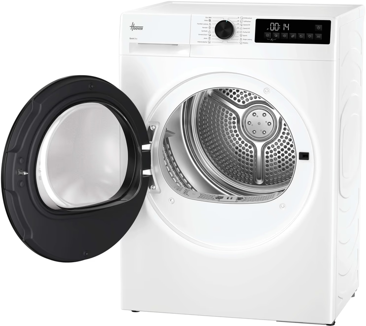 Eine weiße Hoover-Wäschetrocknermaschine mit geöffneter schwarzer Tür und Trommel.