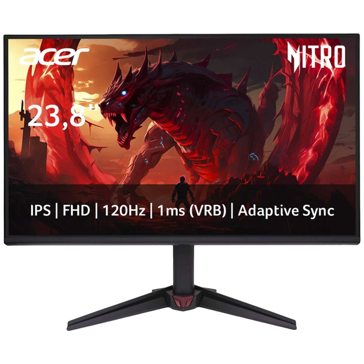 Een monitor toont een rode draak. Specificaties: 23,8 inch, IPS, FHD, 120Hz, 1ms.