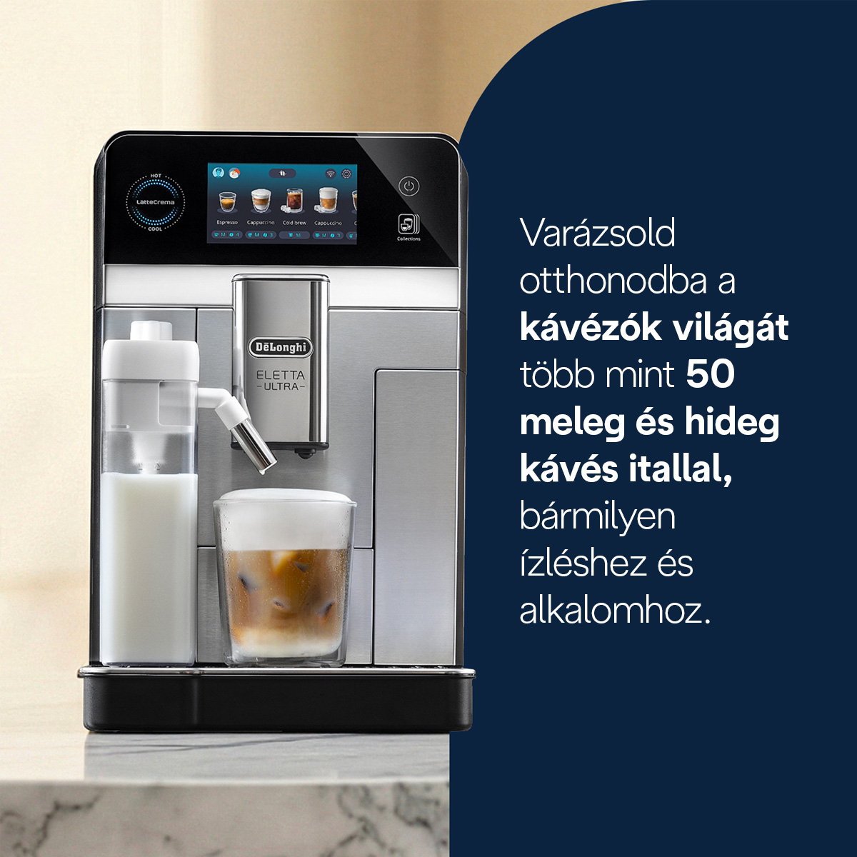 Ezüst kávéfőző tejtartállyal és egy pohár jeges kávéval.
