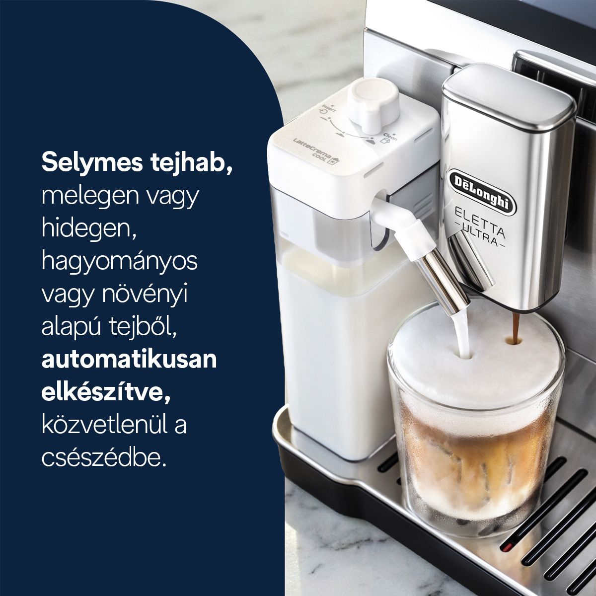 DeLonghi Eletta Ultra gép tejhabosítást végez közvetlenül egy pohárba.