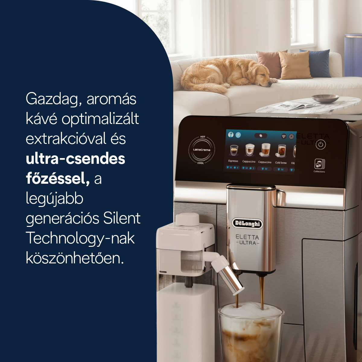 Egy kávégép kávét főz, miközben egy kutya alszik a kanapén.