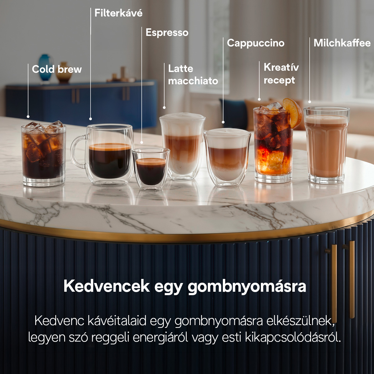 Hat különböző kávéital márvány pulton.