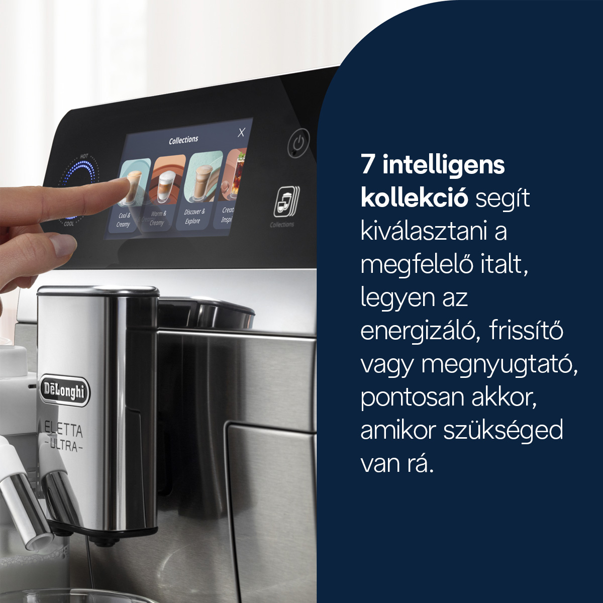 Egy kéz érint meg egy kávéfőző képernyőt, amely italválasztékot mutat.