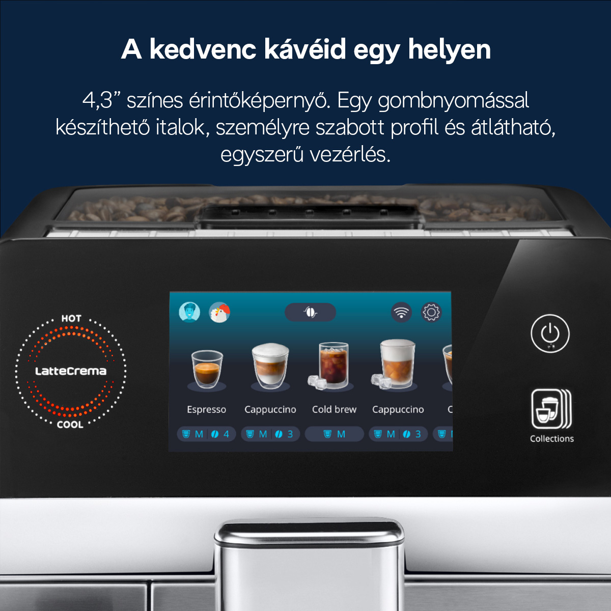 Kávéfőző érintőképernyővel: eszpresszó, kapucsínó és hideg kávé.