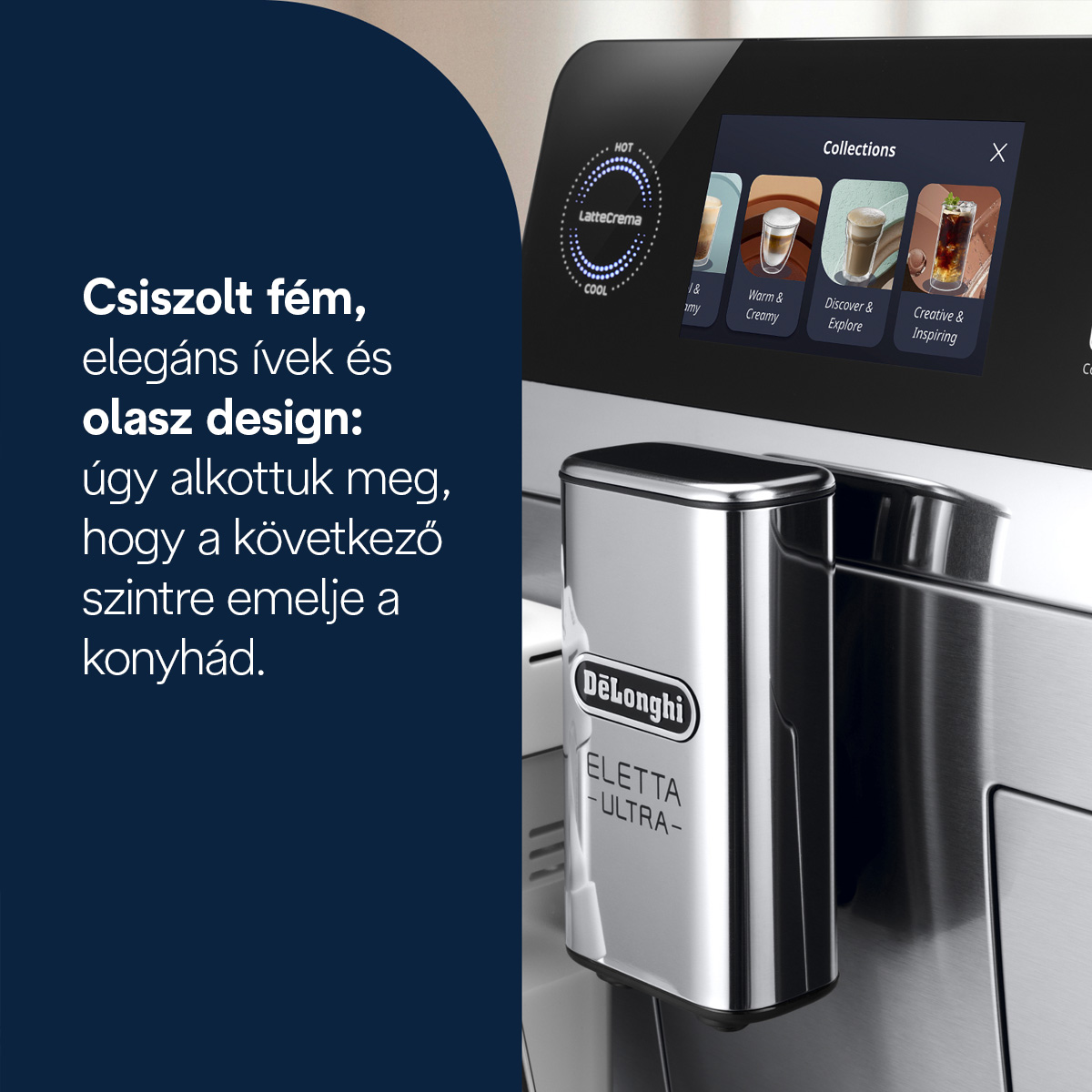 Ezüst kávéfőző érintőképernyővel, különféle kávéitalokat jelenít meg.