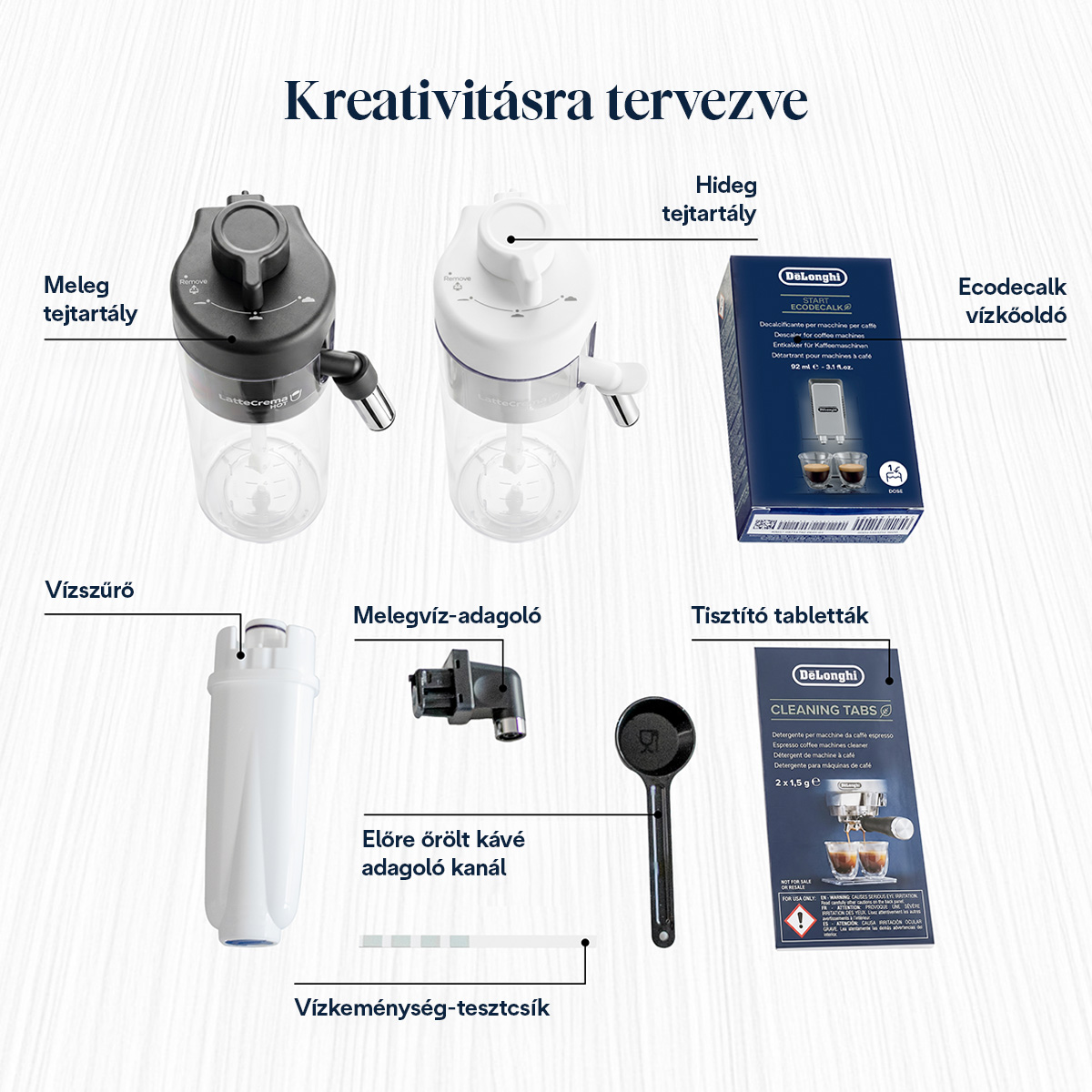 Kávégép tartozékok: tejtartály, szűrő, vízadagoló, kanál, vízkőoldó, tisztítótabletta.