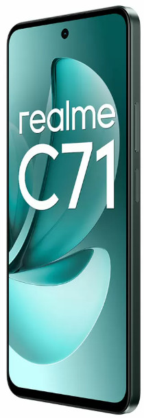 Czarny smartfon Realme C71 z zielonym tłem.