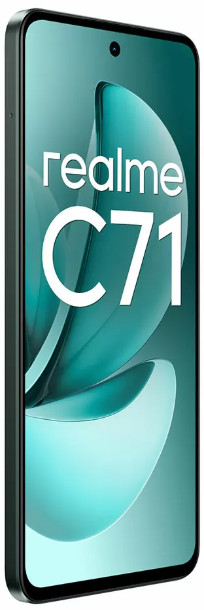 Ciemny smartfon z napisem Realme C71 na miętowo-zielonym tle.