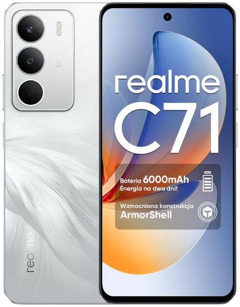 Biały smartfon Realme C71 z trzema aparatami i dużym ekranem.