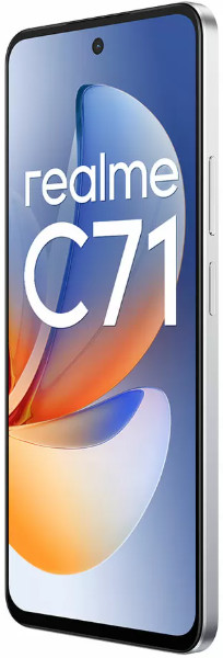 Srebrny smartfon Realme C71 ze stylizowanym tłem.