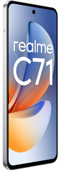Srebrny smartfon Realme C71 z kolorowym tłem.