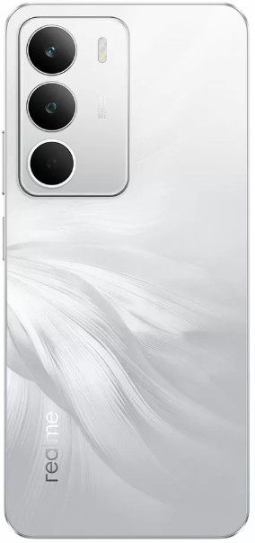 Biały smartfon z trzema aparatami i wzorem piór z tyłu.