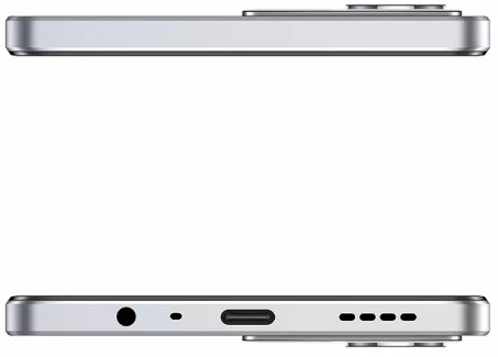 Srebrny smartfon z góry i z dołu, pokazujący porty i przyciski.