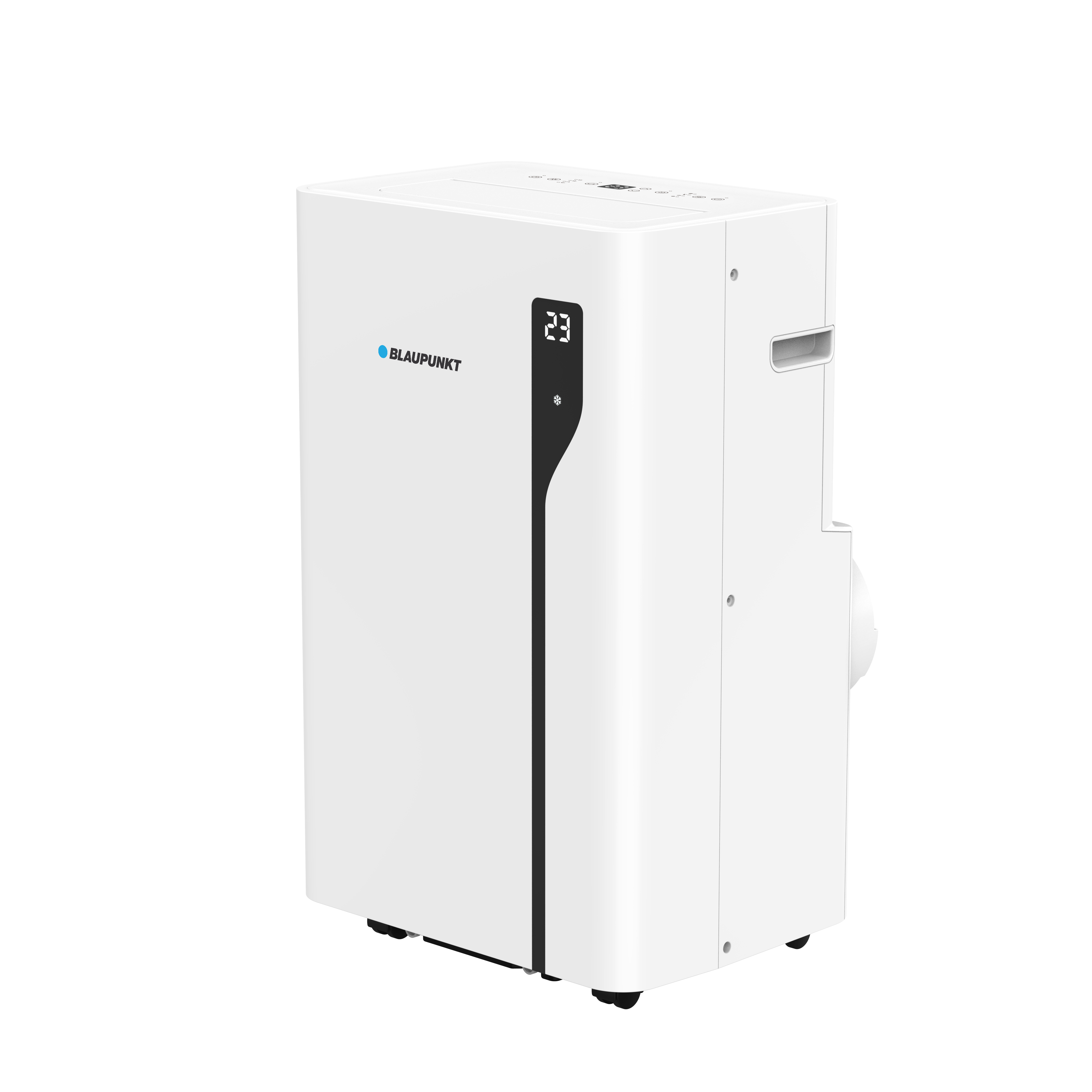 Ein weißer Blaupunkt-Luftkühler mit digitaler Anzeige von 23 Grad.