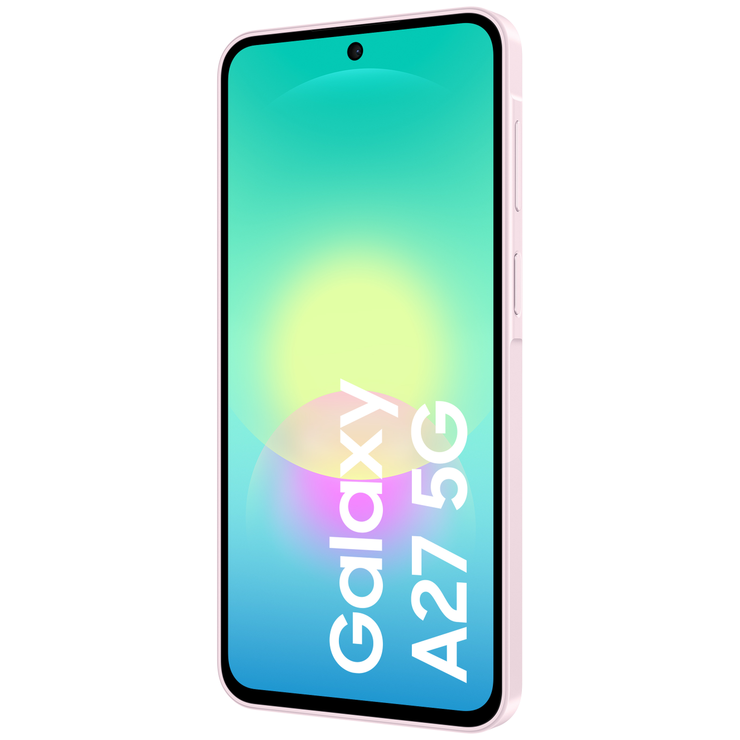Roze Samsung Galaxy A27 5G telefoon met een turquoise-gele gradiëntscherm.
