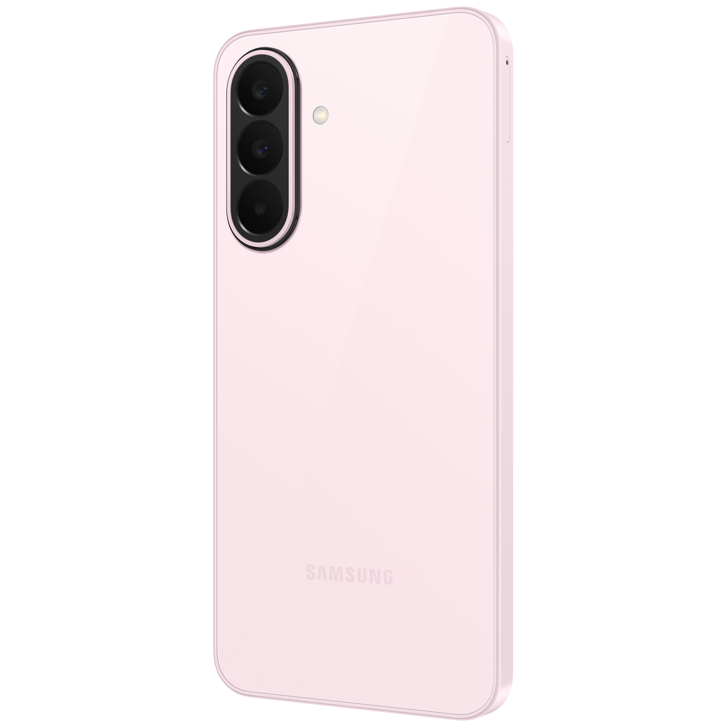 Een lichtroze Samsung smartphone is gekanteld om de achterkant en rechterkant te tonen. Drie zwarte cameralenzen zijn verticaal uitgelijnd linksboven.