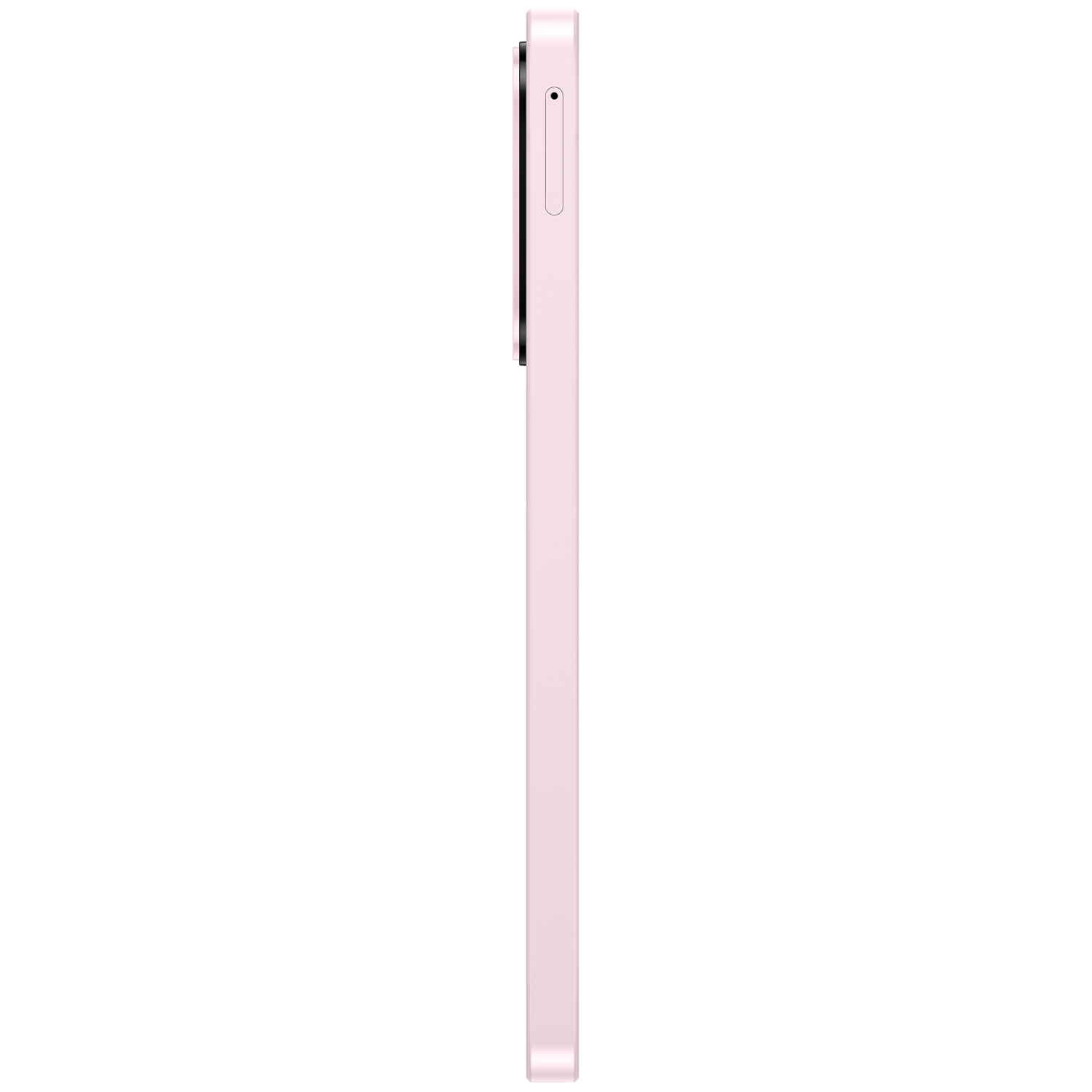 Een roze smartphone in profiel tegen een witte achtergrond.