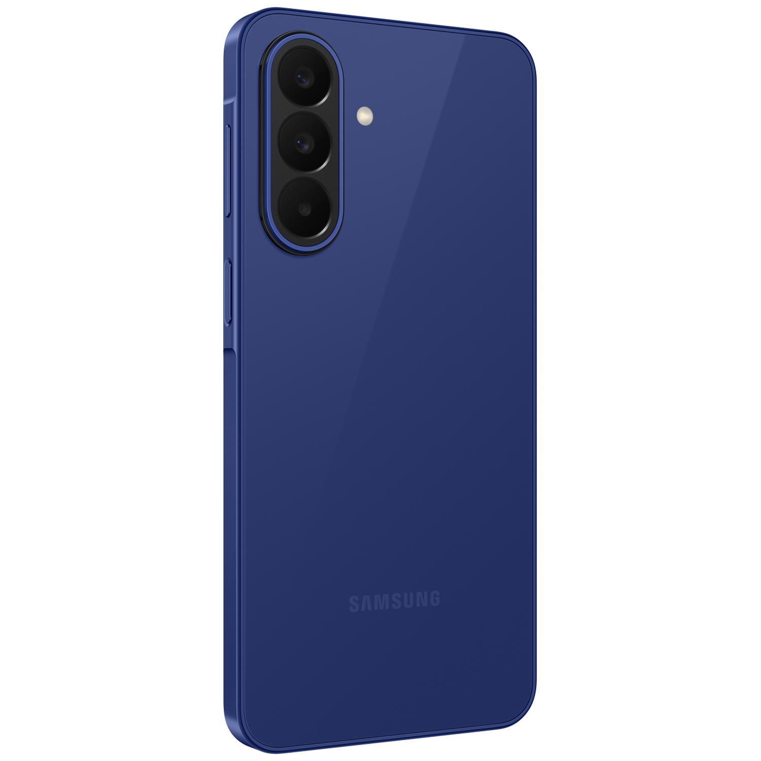 Donkerblauwe telefoonhoes met drie camera's aan de achterkant en Samsung-logo.