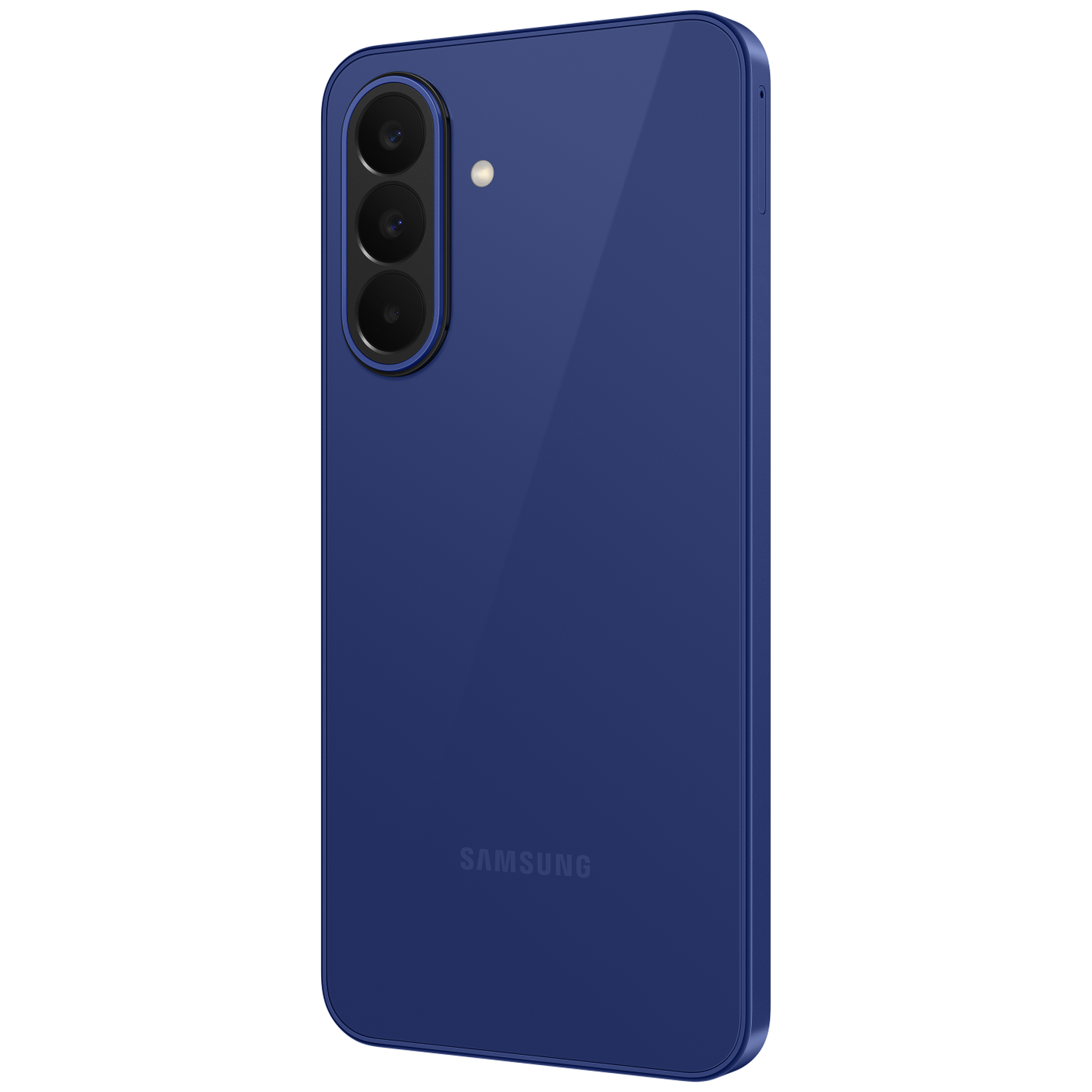 Donkerblauwe Samsung smartphone met drie camera's en flitser.