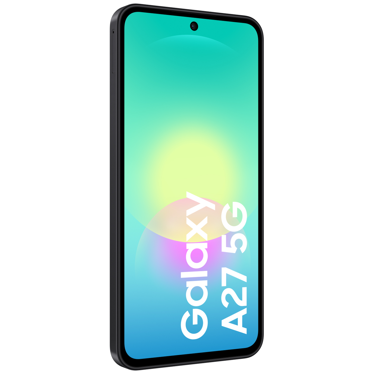 Een zwarte smartphone met Galaxy A27 5G tekst op het scherm.