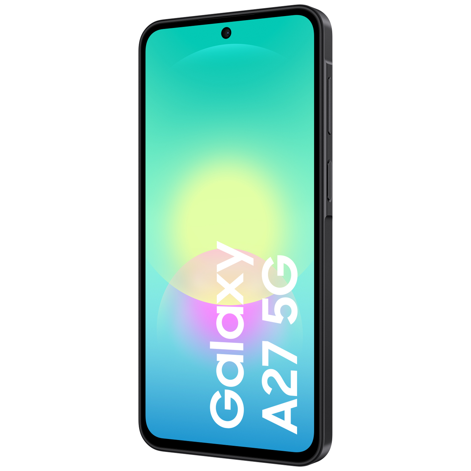 Zwarte smartphone met Galaxy A27 5G tekst op scherm.