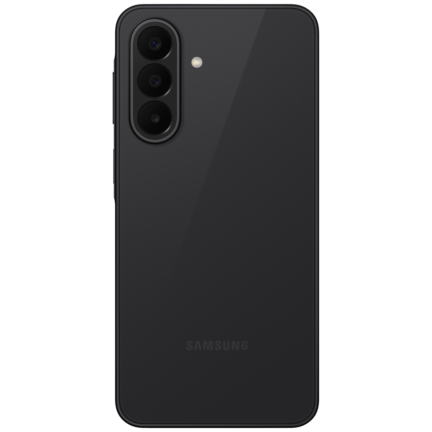 Achterkant van een zwarte Samsung smartphone met drie camera's en flitser.