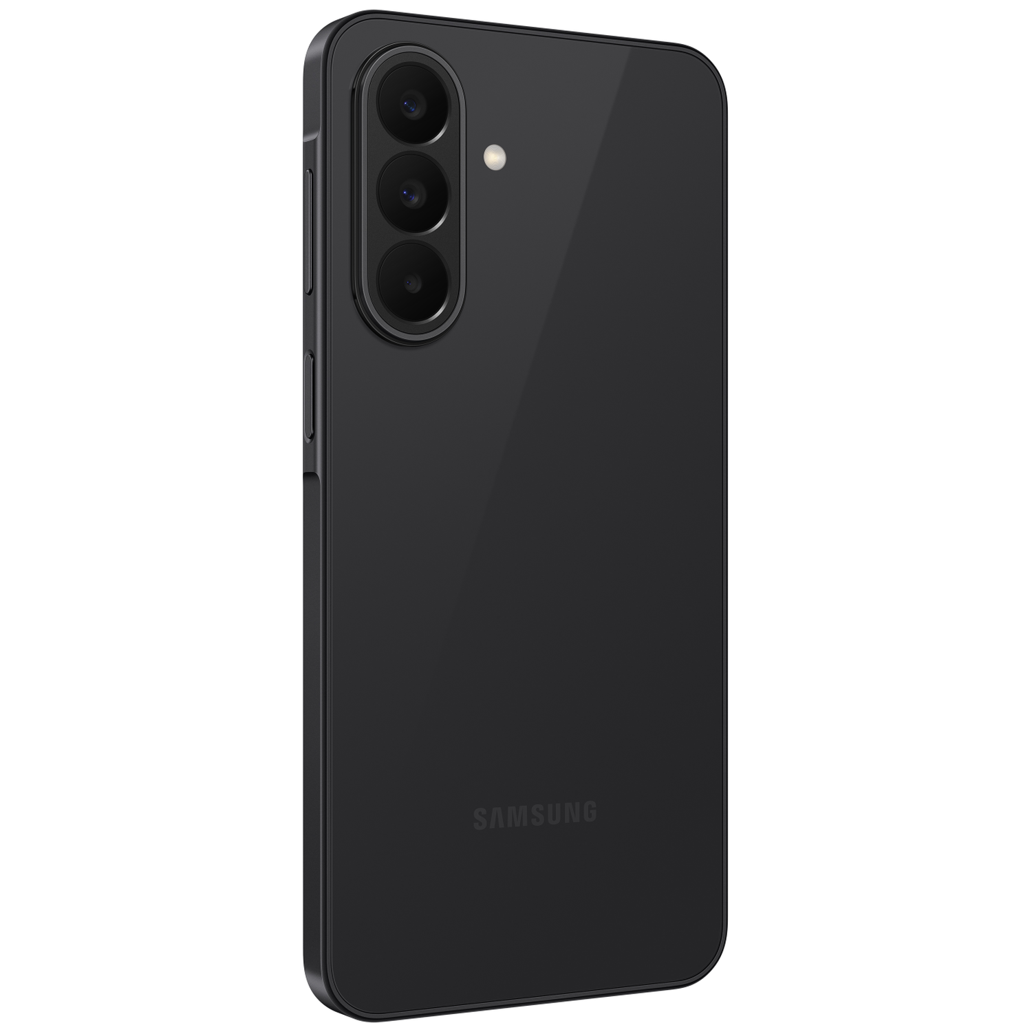 Zwarte smartphone met drie camera's en Samsung-logo, van achteren getoond.
