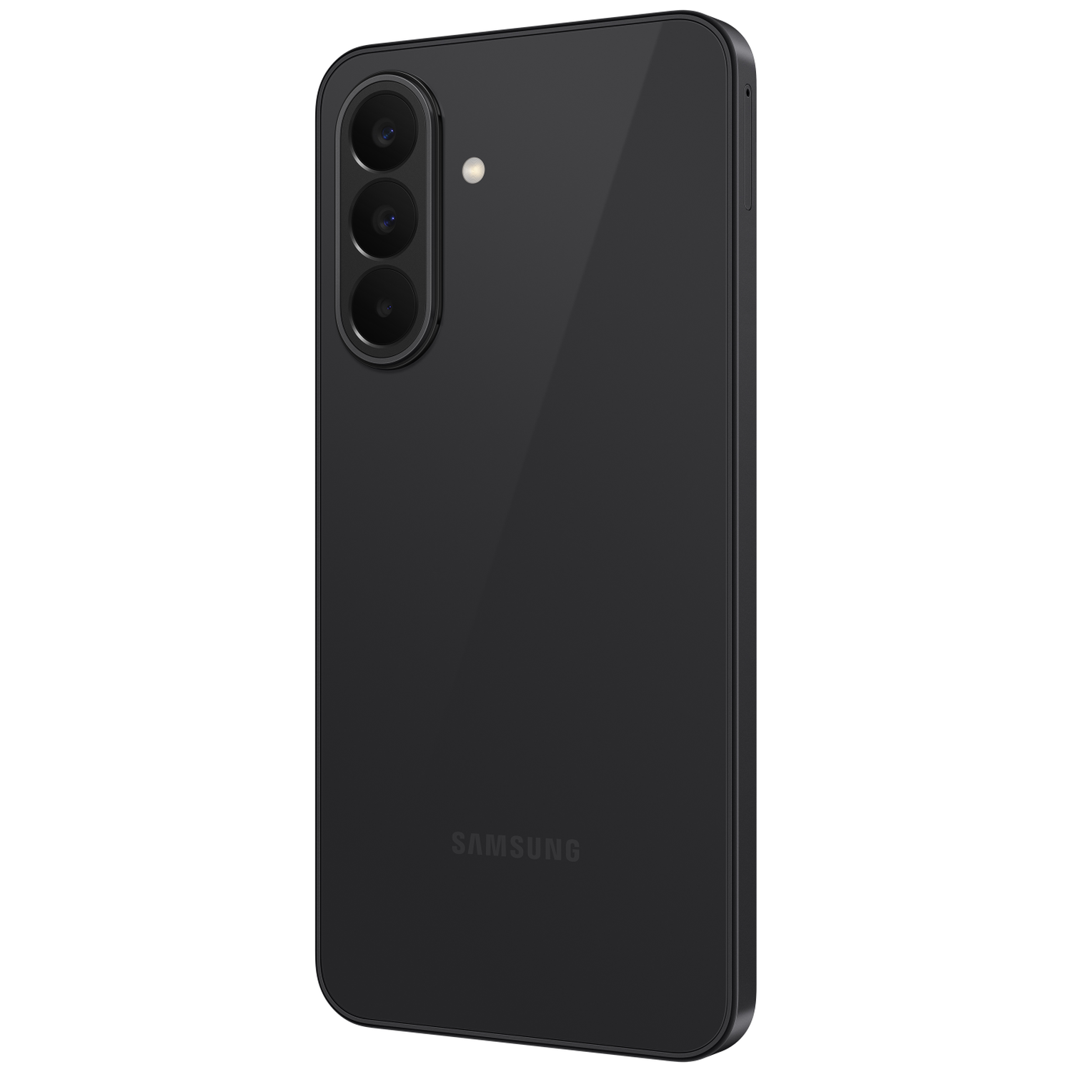 Een zwarte Samsung smartphone met drie camera's en flitser aan de achterkant.