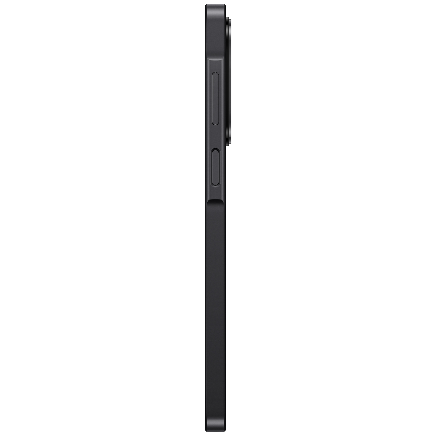 Donkergrijs smartphone in profiel, met zichtbare knoppen aan de zijkant.