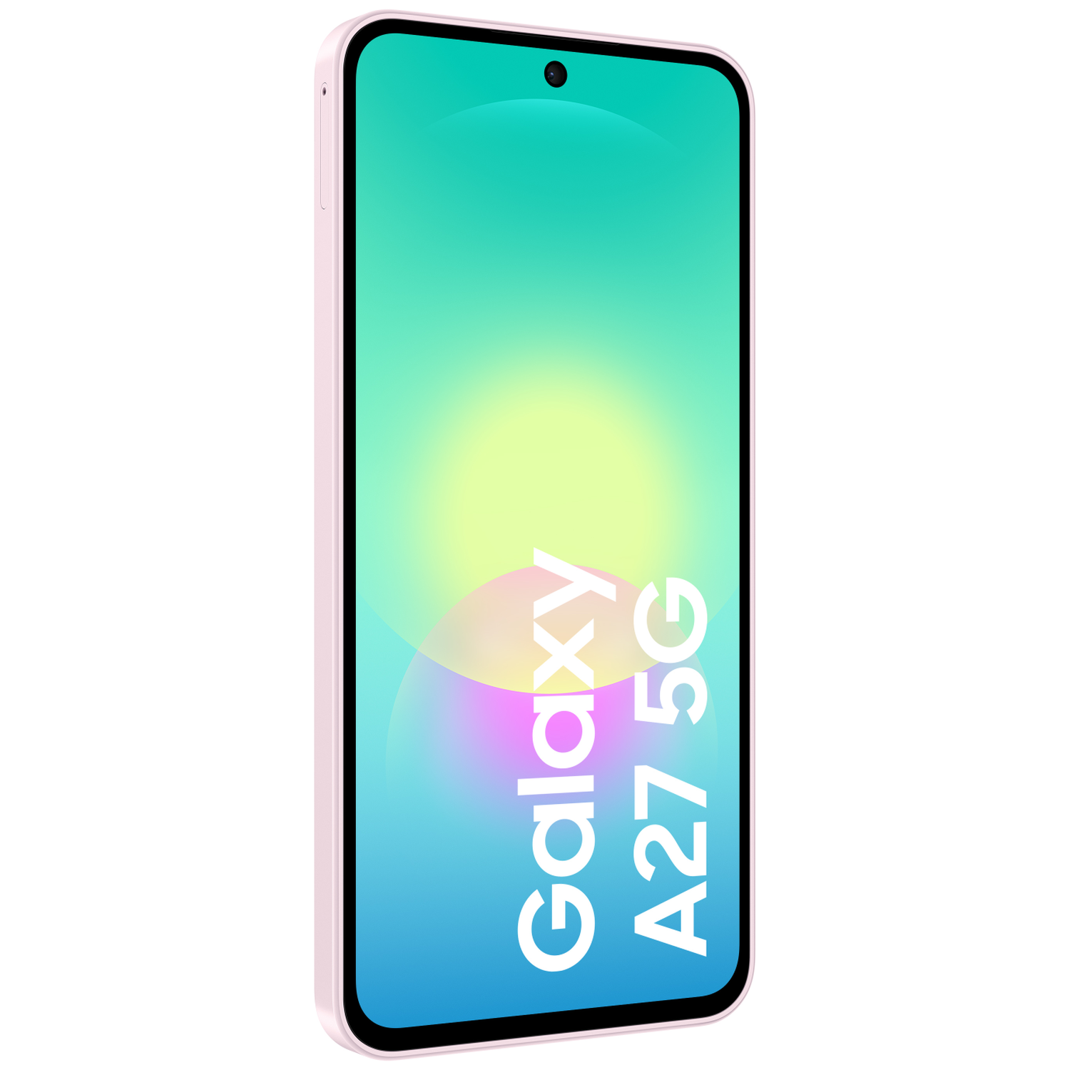 Roze Samsung Galaxy A27 5G telefoon met kleurrijk scherm met abstracte vormen.