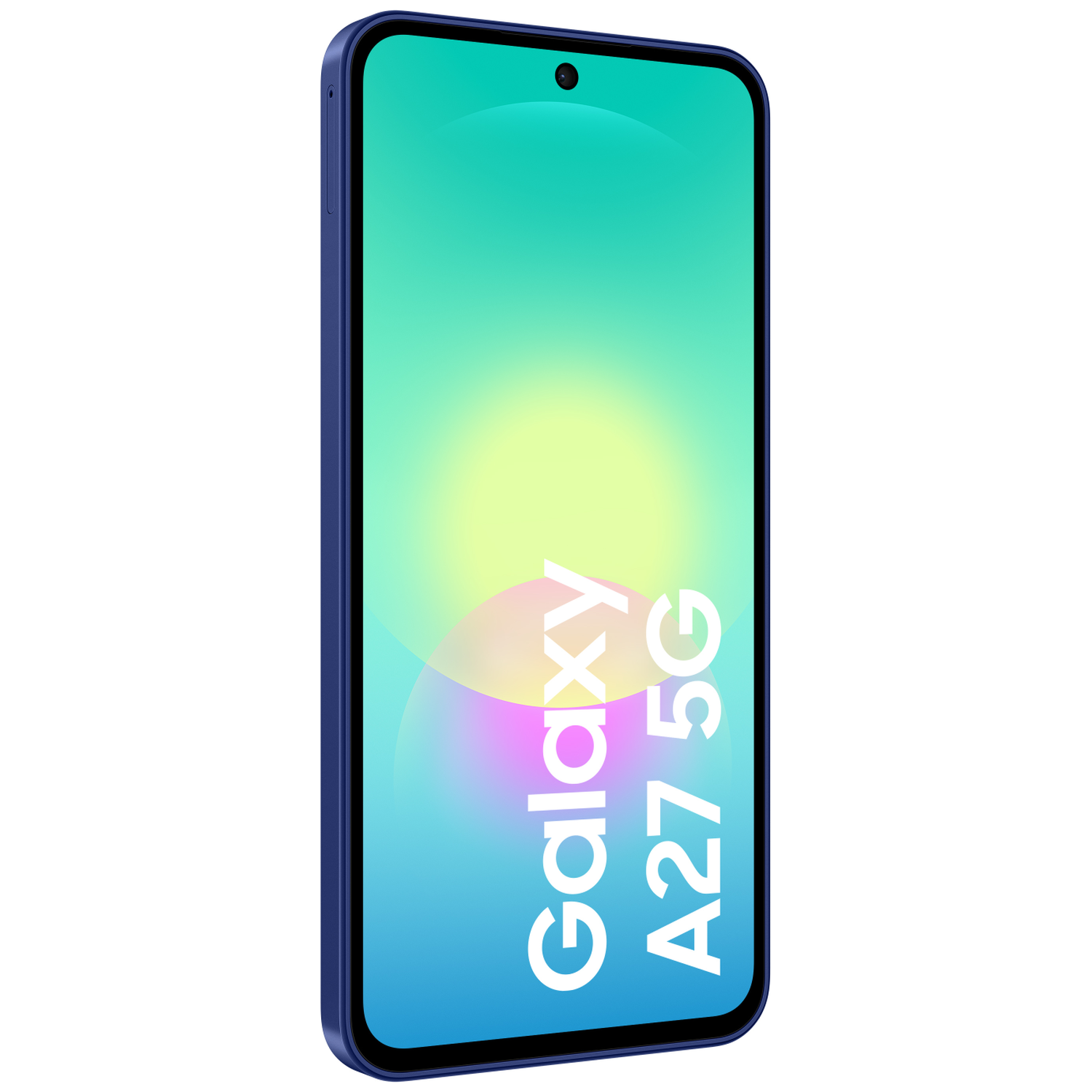 Blauwe Samsung Galaxy A27 5G telefoon met kleurrijk scherm en camera.
