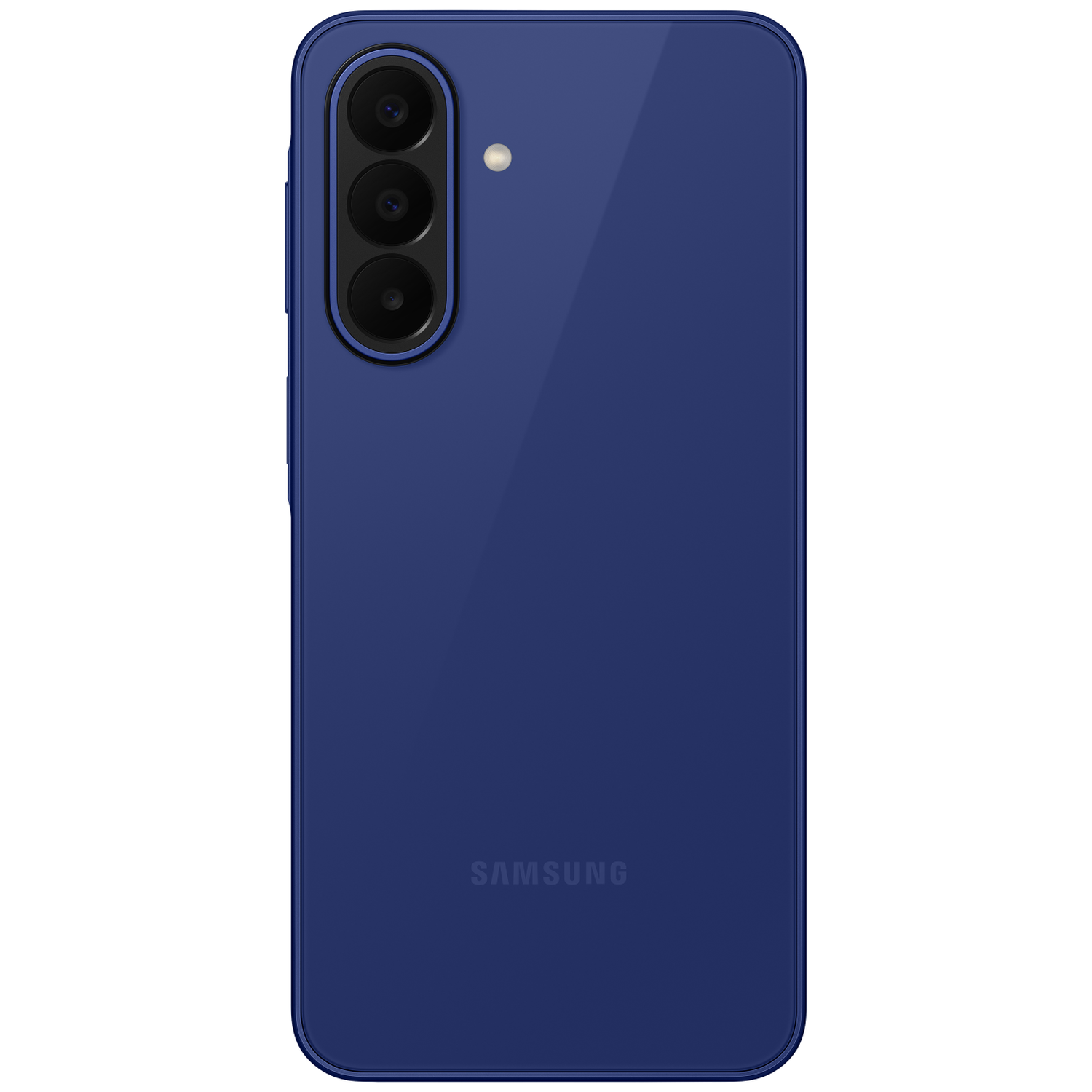 Achterkant van een donkerblauwe Samsung smartphone met drie camera's en flitser.