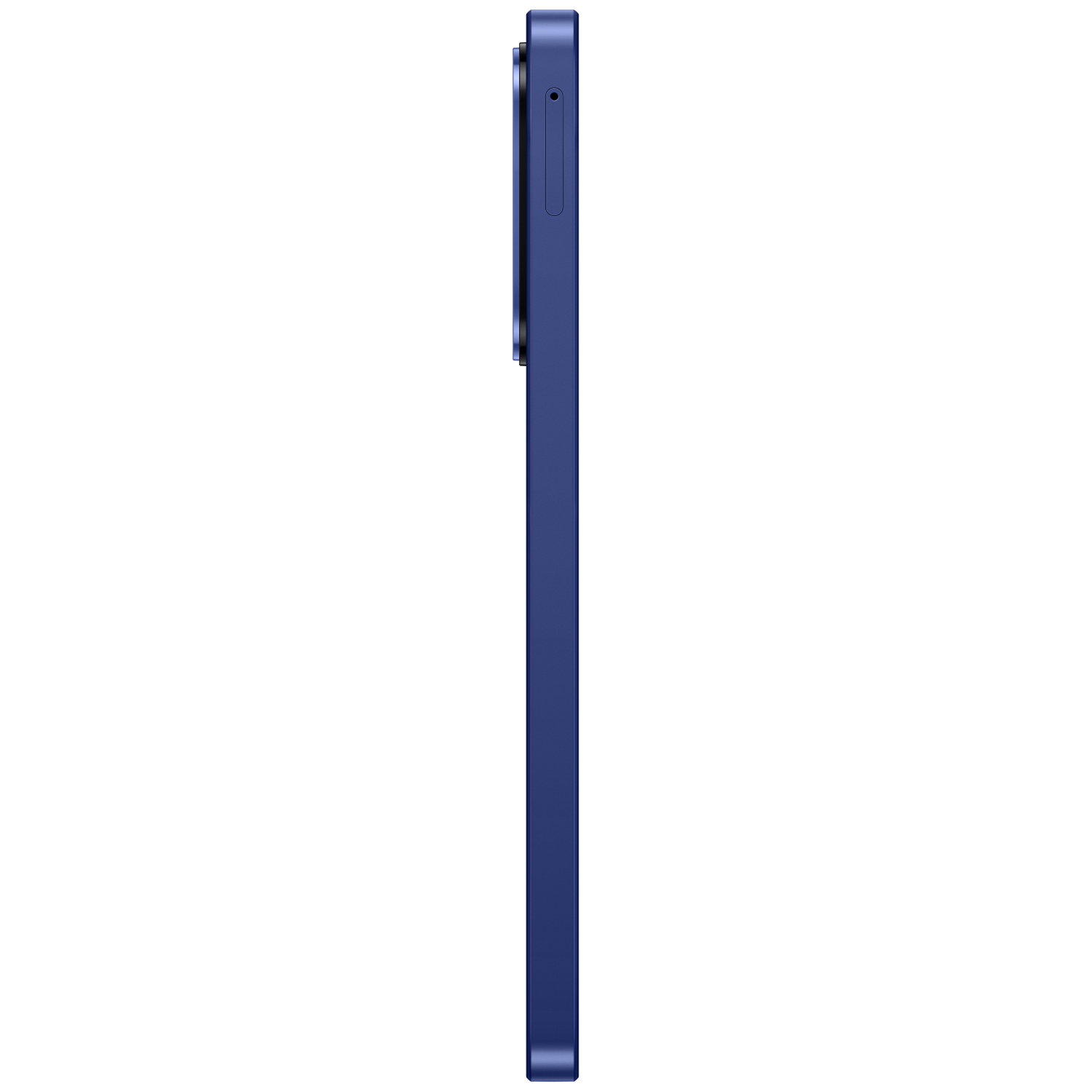 Donkerblauw smartphone van de zijkant op witte achtergrond.