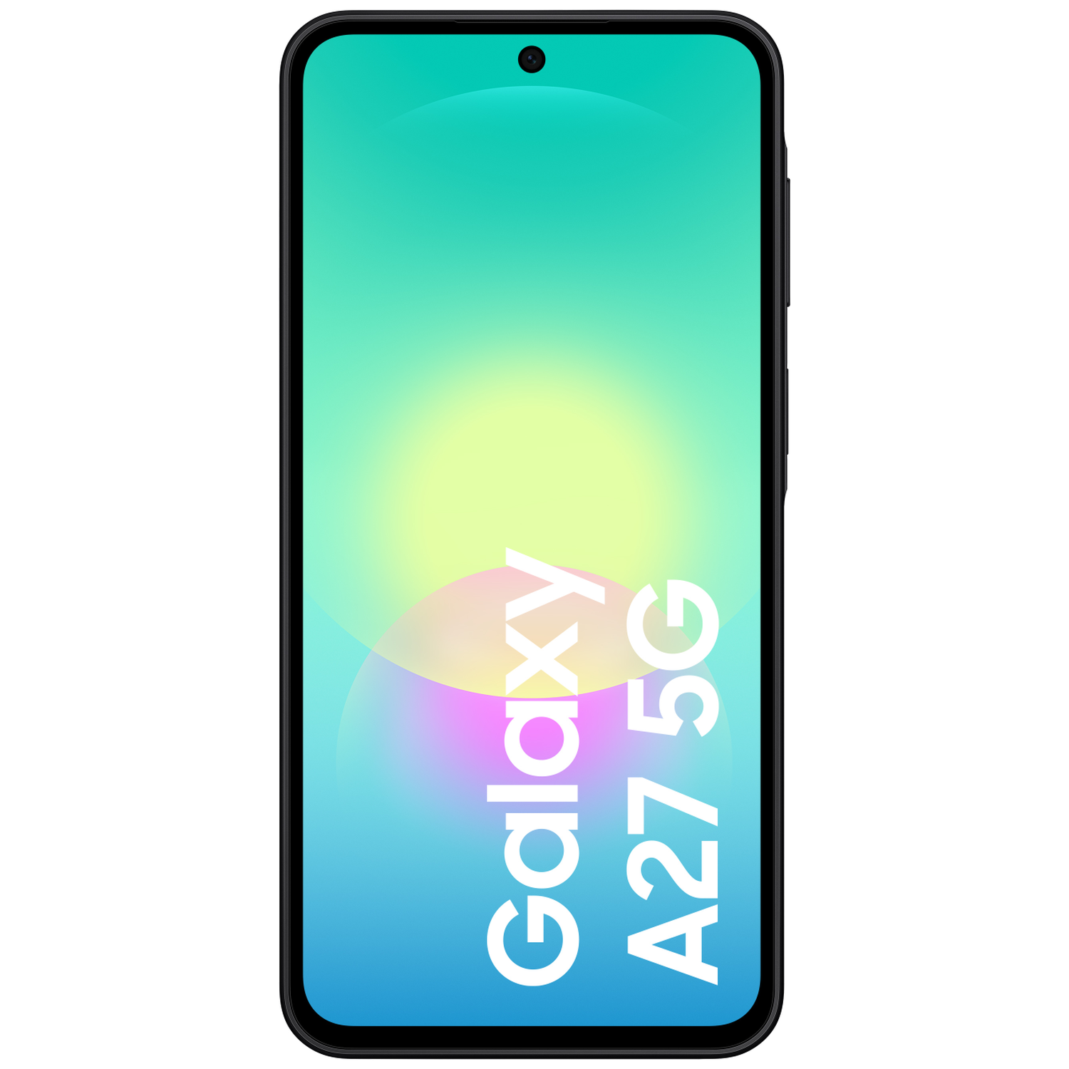 Een zwarte smartphone met de tekst "Galaxy A27 5G" op het scherm.