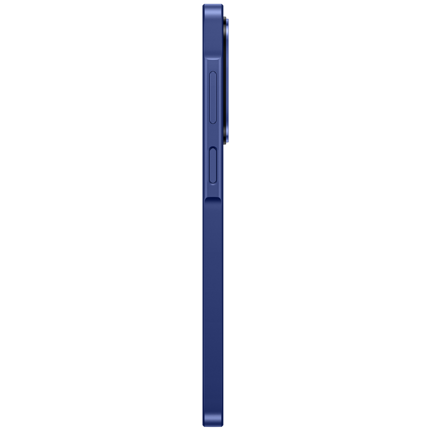 Vue latérale d'un smartphone bleu foncé, avec boutons de volume et d'alimentation.