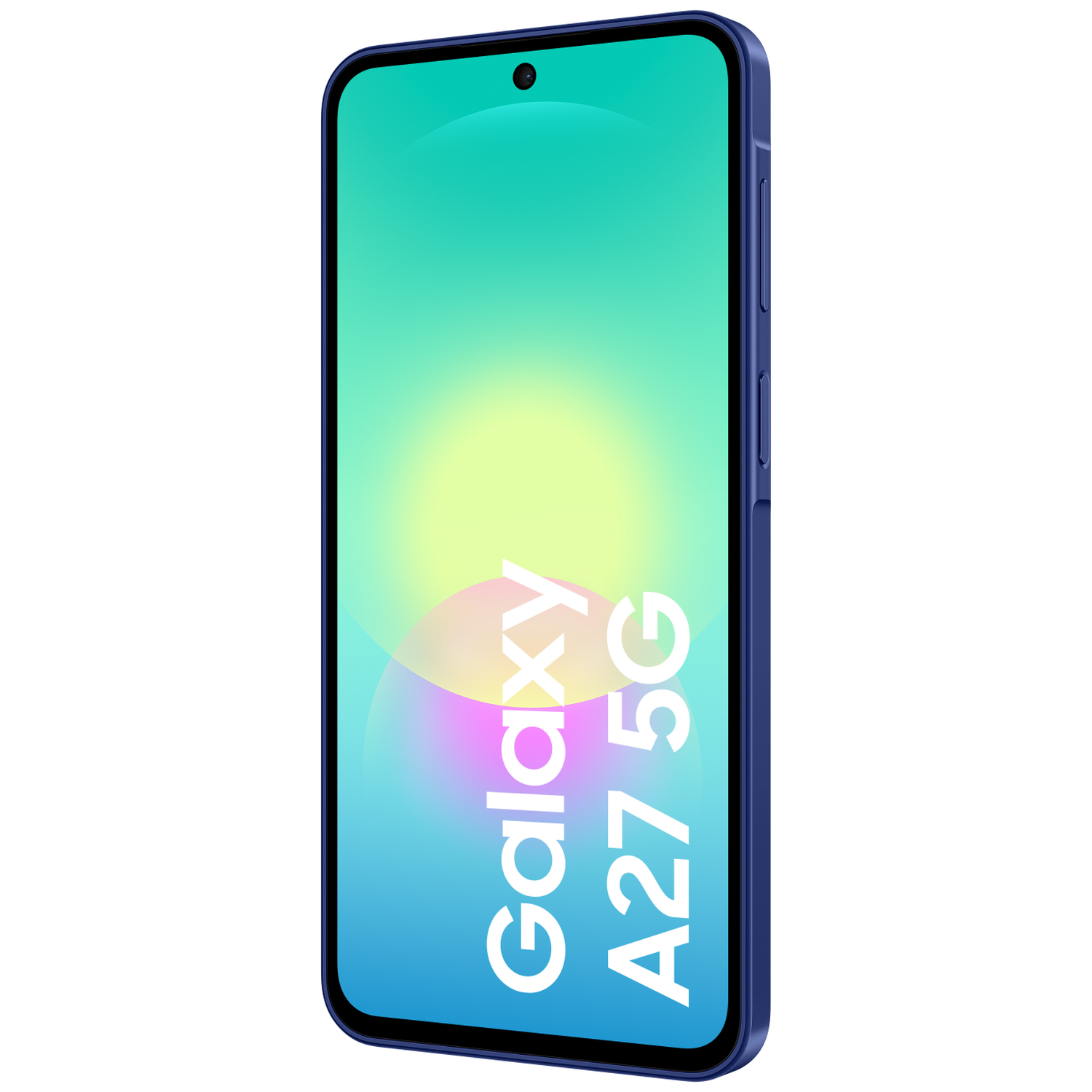 Un smartphone bleu avec le texte "Galaxy A27 5G" sur l'écran.