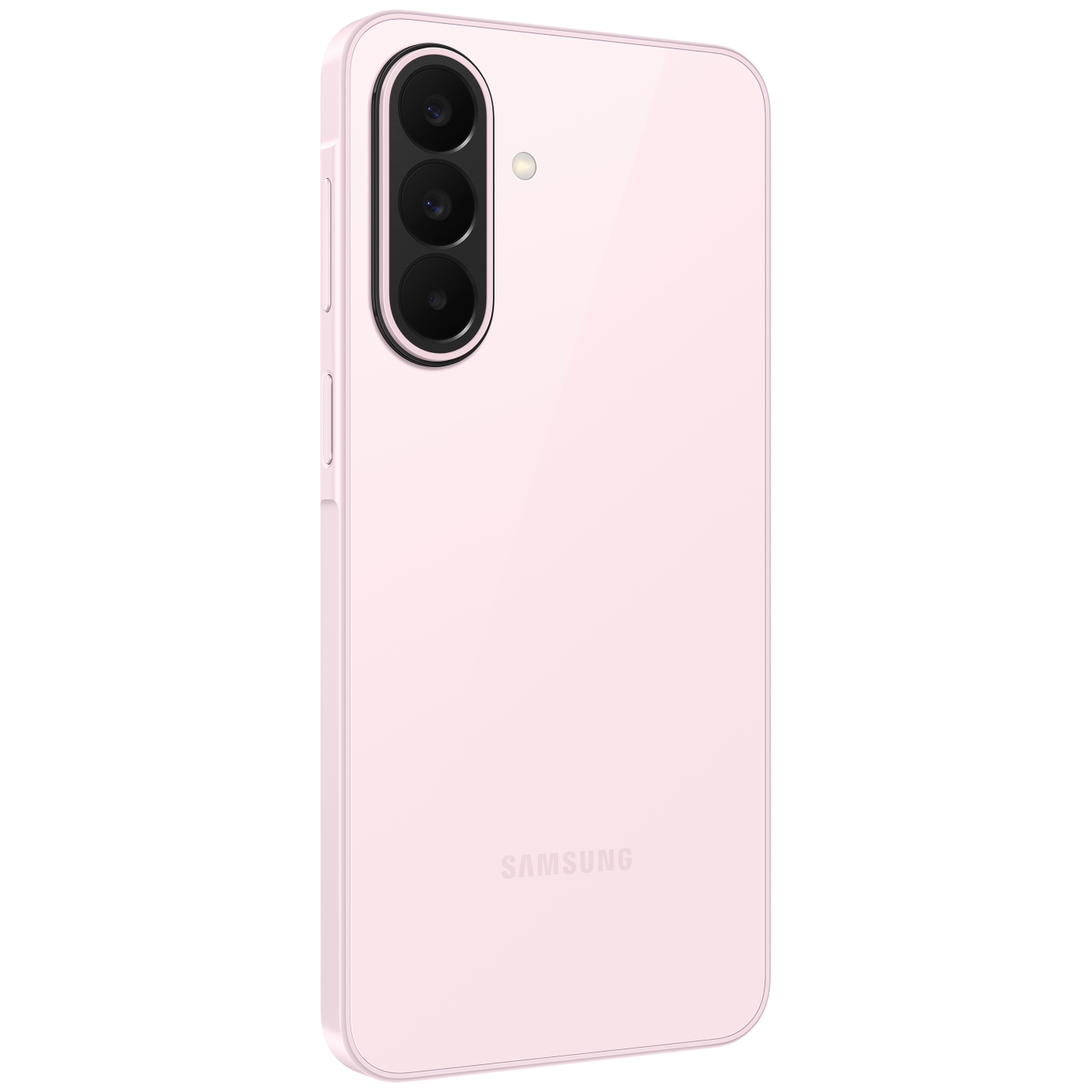 Un smartphone Samsung rose pâle avec trois caméras arrière.