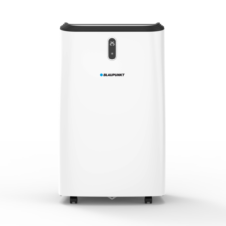 Ein weißer, tragbarer Klimaanlage mit schwarzem oberen Rand und Digitalanzeige.