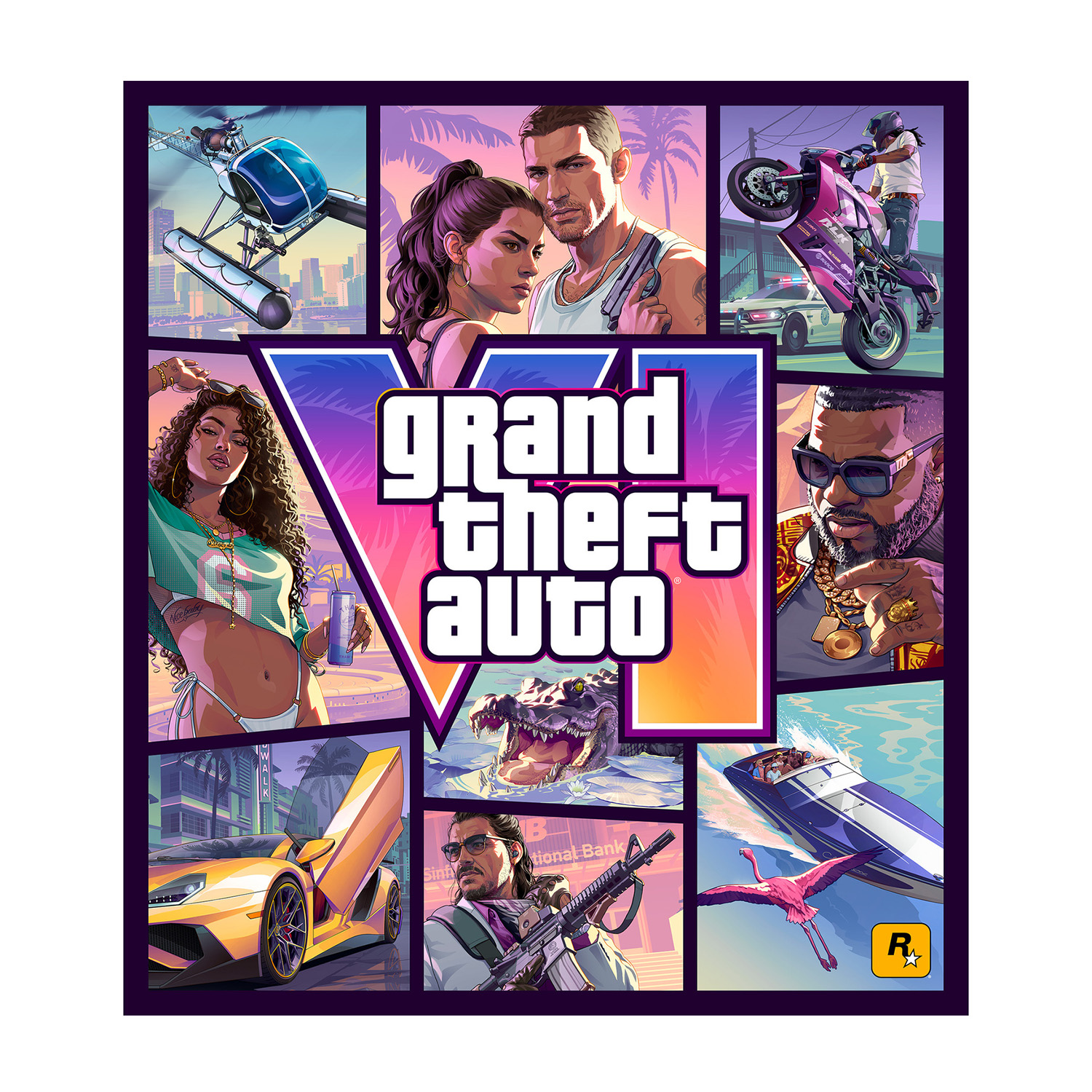 Collage con motivi di GTA VI: elicottero, coppia, moto, donna, alligatore, auto, uomo, barca, fenicottero, logo Rockstar.