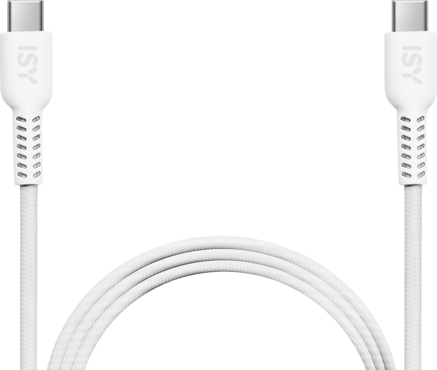 Cavo USB-C bianco con due connettori, piegato al centro.