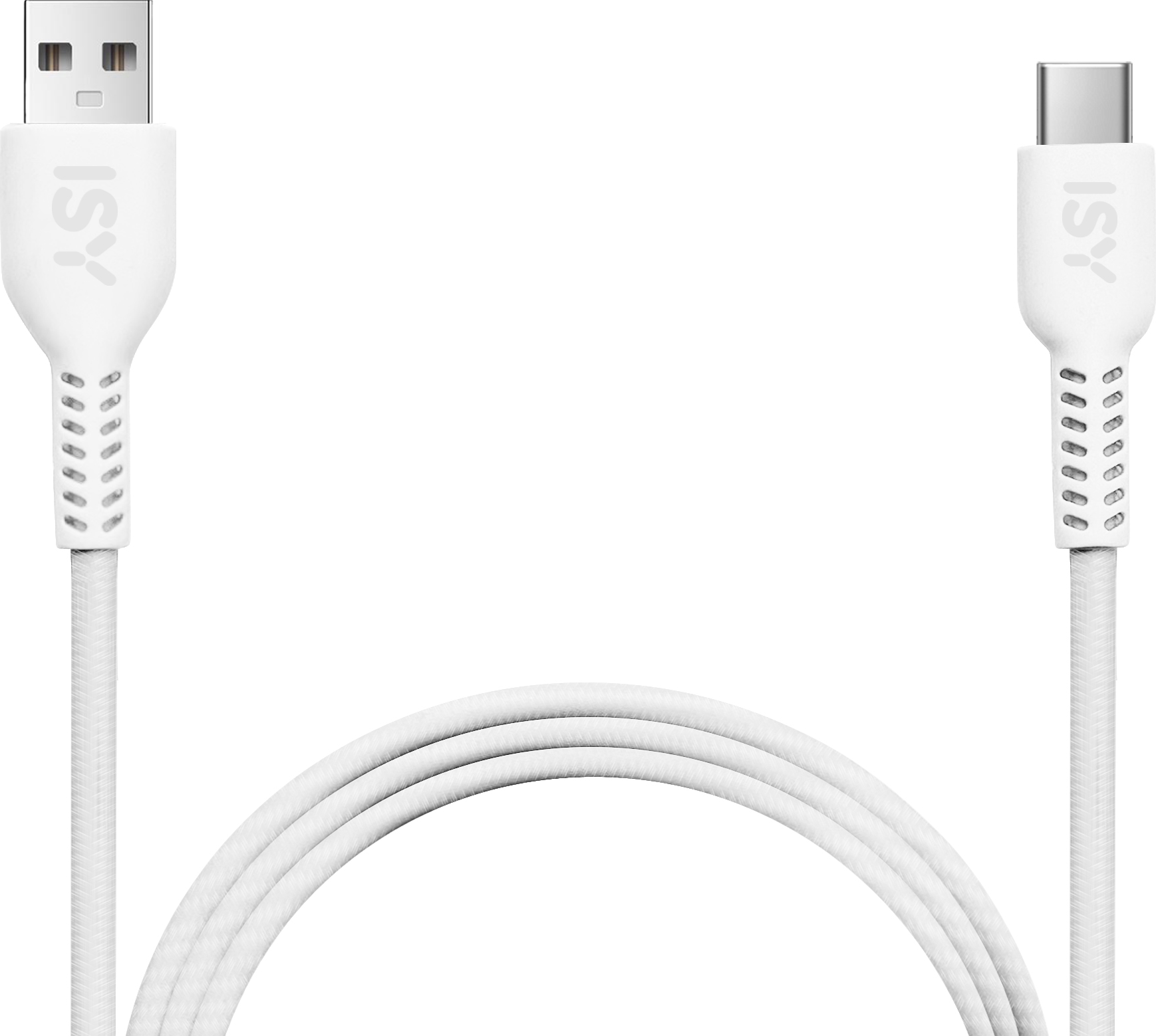 Un cavo USB bianco con due connettori, uno USB-A e uno USB-C.