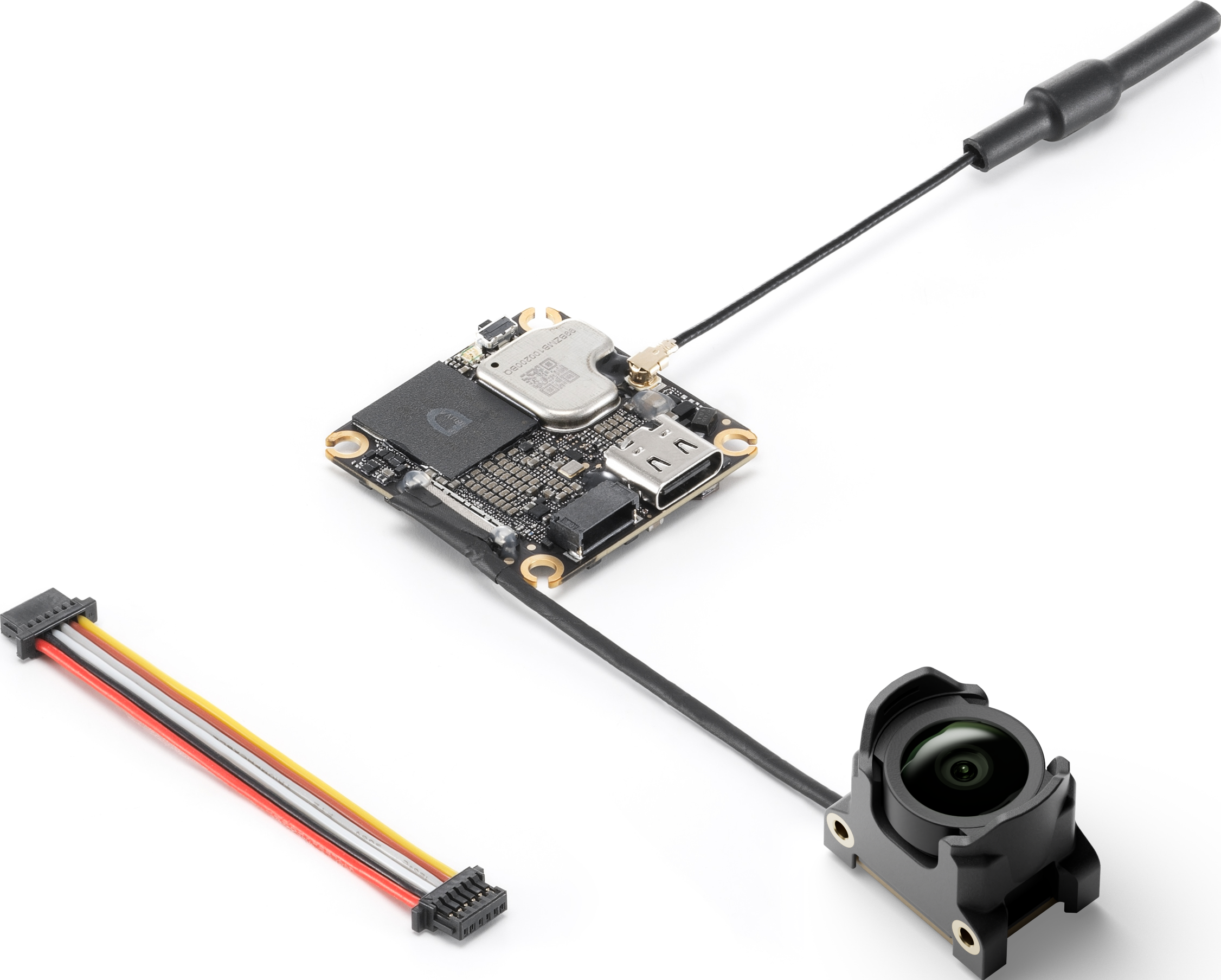 Modulo telecamera e scheda elettronica con antenna e cablaggio su sfondo bianco.