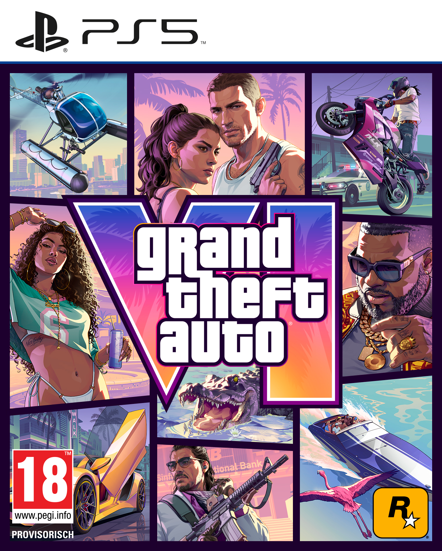 Grand Theft Auto VI Cover: PS5-Logo, Hubschrauber, Paar, Motorrad, Frau, Krokodil, Auto, Mann, Boot, Flamingo.