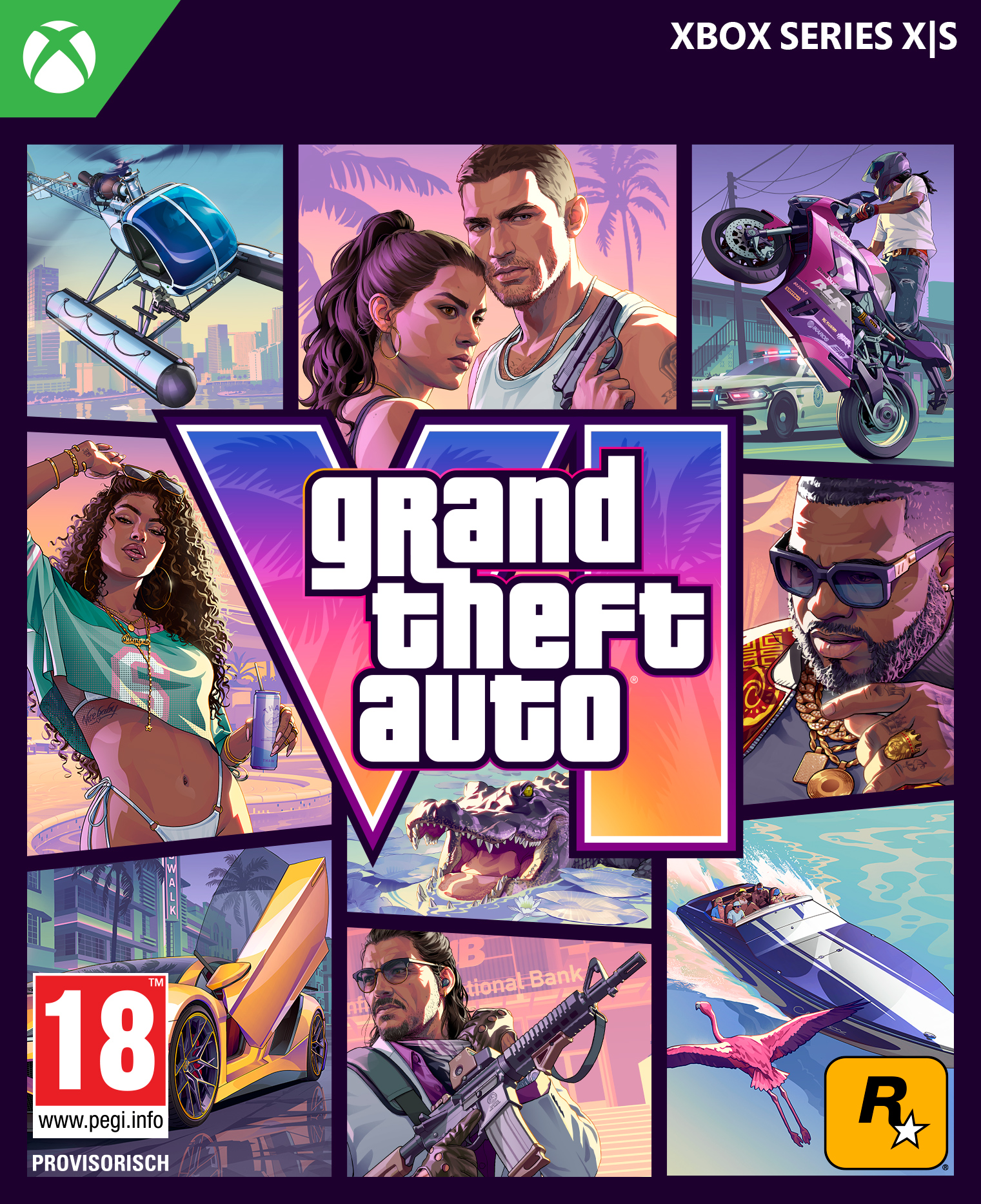 Grand Theft Auto Cover: Hubschrauber, Paar, Motorrad, Frau, Krokodil, Auto, Mann, Boot, Flamingo.