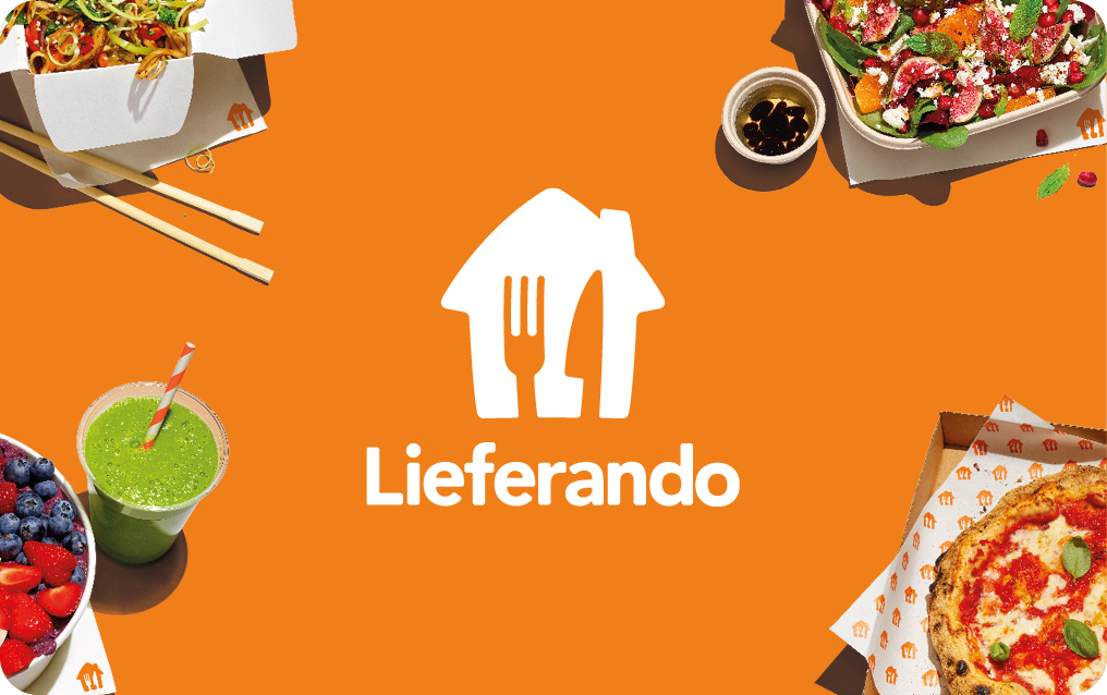 Lieferando Logo mit Essen: Nudeln, Salat, Smoothie, Beeren & Pizza.