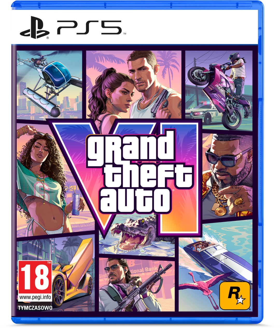 Okładka gry PS5: Grand Theft Auto VI. Sceny z helikopterem, motocyklem, łodzią, samochodem, aligatorem, ludźmi.