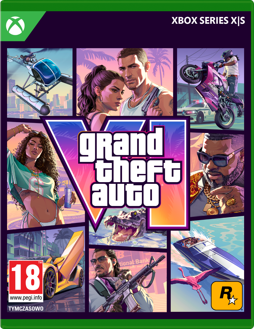 Okładka gry Grand Theft Auto VI na Xbox Series X|S, przedstawiająca różne sceny z gry.